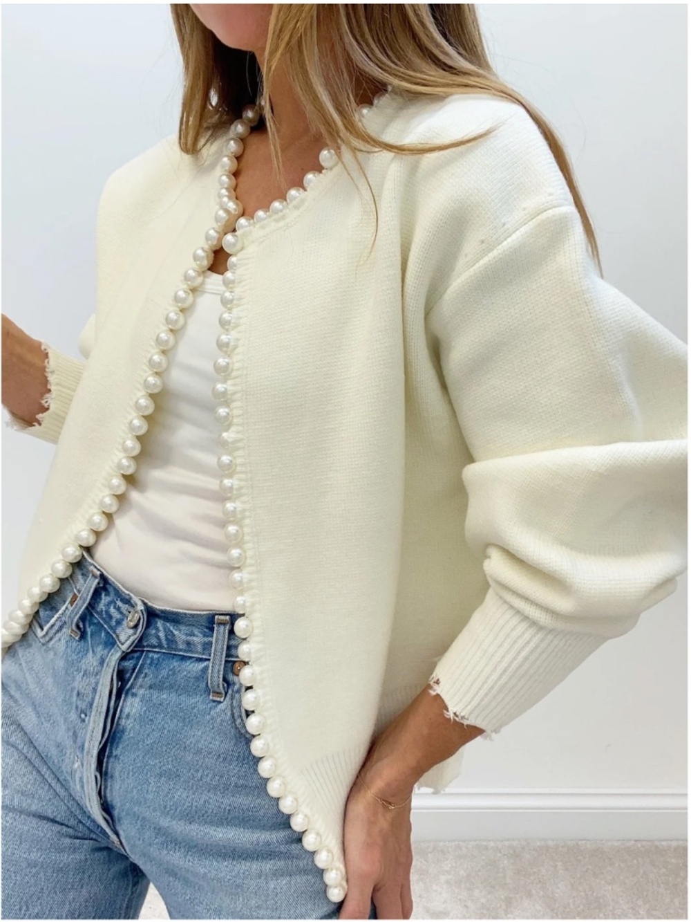 Commense Pearl Trim Ripped Hem Cardigan – Ivory Knit Size Small